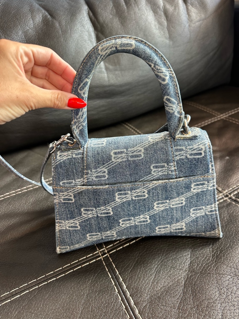 Balenciaga Denim Hourglass Top-Handle Bag in Blue - Picture 8 of 14
